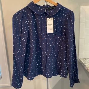 Blue and White Bird Blouse Zara S